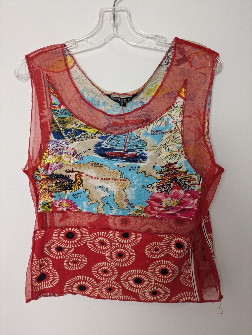 Vintage Nikky Sports Y2K Red Mesh Patchwork Tank Top Hong Kong Map Sequin XL